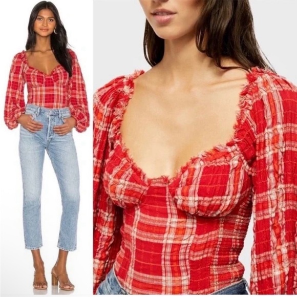 Free People Tops - Free people plaid cherry bomb puff sleeve corset coquette cottage blouse large